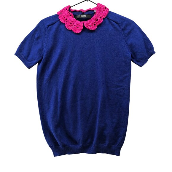 SIbling Sweaters - Sibling London Merino Wool Short Sleeve Sweater Women M Crochet Collar Blue Pink